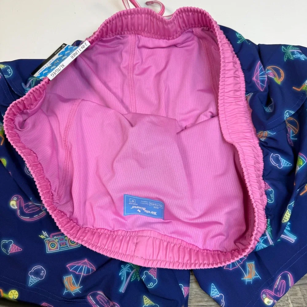 Birdie Bound Mens XL Neon Print Swim Trunks Navy Pink 6 Inch Inseam UPF 30+ NWT